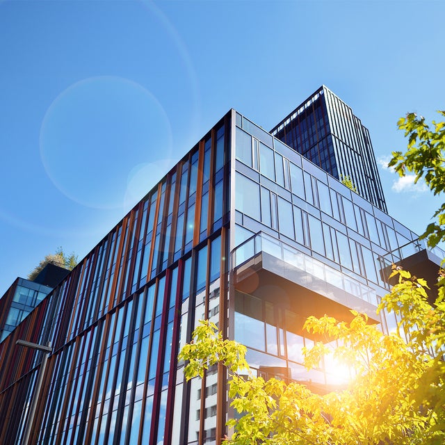 L'image montre un immeuble de bureaux moderne par une journée ensoleillée. Le bâtiment se trouve au centre de l'image et occupe la majeure partie du cadre. Sa façade en verre et en métal reflète la lumière du jour. La structure du bâtiment se compose de plusieurs fenêtres rectangulaires en verre séparées par des montants métalliques verticaux et horizontaux. Les montants métalliques sont de couleurs différentes, ce qui donne à la façade un aspect vivant et moderne. Au premier plan, en bas à droite de l'image, on peut voir un arbre dont les feuilles vertes sont vivement éclairées par la lumière du soleil. Les feuilles recouvrent partiellement le coin inférieur droit du bâtiment. Le ciel est clair et bleu avec seulement quelques petits nuages en haut à gauche de la photo. Les rayons du soleil créent des effets de lentille qui se traduisent par des reflets lumineux et circulaires dans l'image. Dans la partie supérieure gauche de l'image, au bord du bâtiment, on peut voir quelques plantes sur un jardin de toit, apportant une touche de nature à cette image par ailleurs urbaine.