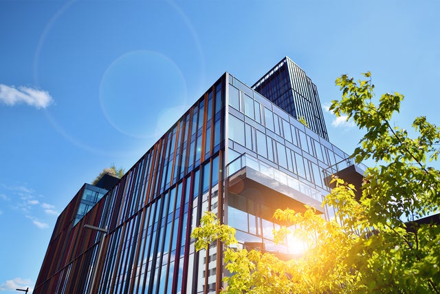 L'image montre un immeuble de bureaux moderne par une journée ensoleillée. Le bâtiment se trouve au centre de l'image et occupe la majeure partie du cadre. Sa façade en verre et en métal reflète la lumière du jour. La structure du bâtiment se compose de plusieurs fenêtres rectangulaires en verre séparées par des montants métalliques verticaux et horizontaux. Les montants métalliques sont de couleurs différentes, ce qui donne à la façade un aspect vivant et moderne. Au premier plan, en bas à droite de l'image, on peut voir un arbre dont les feuilles vertes sont vivement éclairées par la lumière du soleil. Les feuilles recouvrent partiellement le coin inférieur droit du bâtiment. Le ciel est clair et bleu avec seulement quelques petits nuages en haut à gauche de la photo. Les rayons du soleil créent des effets de lentille qui se traduisent par des reflets lumineux et circulaires dans l'image. Dans la partie supérieure gauche de l'image, au bord du bâtiment, on peut voir quelques plantes sur un jardin de toit, apportant une touche de nature à cette image par ailleurs urbaine.