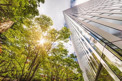 The picture shows an impressive view from below of the top of a modern tower block. On the right-hand side of the picture, the building rises steeply into the sky, its façade consisting of vertical, shiny silvery stripes and windows that reflect the surrounding environment. Lush green trees can be seen on the left and in the lower part of the picture, their dense leaves dominating the image. The sun's rays break through the leaves, creating a warm, golden light that is reflected in the tower block. The sky is partly cloudy, with blue and white colour tones that add depth to the image.