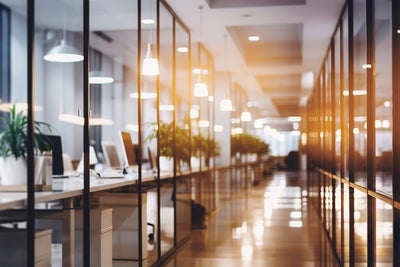 The picture shows a long corridor in an office complex. To the right and left of this corridor are glass walls behind which are offices with white desks, silver monitors and small green ferns in white pots. The LED lamps hanging from the ceiling in the offices give off a pleasant glow, illuminating every room and the whole corridor.