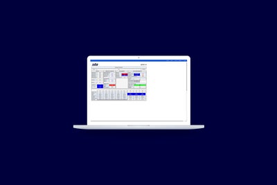 The background is coloured in dark blue and on the right side is an open laptop that shows the home screen of istas building management system.